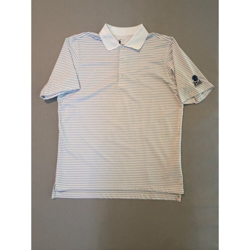 F&G Tech PGA Championship Polo Shirt Large White Blue Striped Golf Performance
